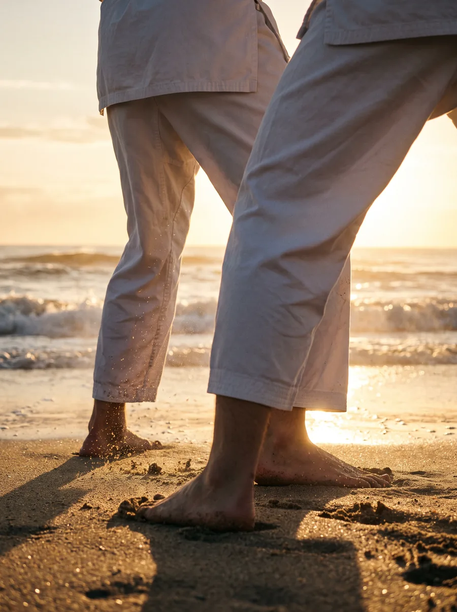 Bose stopy karateków na plaży o wschodzie słońca